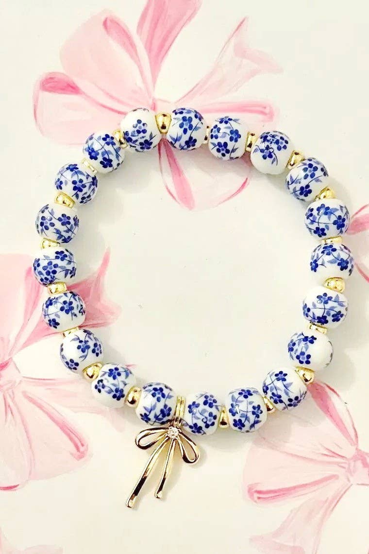 BOW CHARM FLORAL PORCELAIN BLUE BRACELET | 80B1355 - Ember Boutique