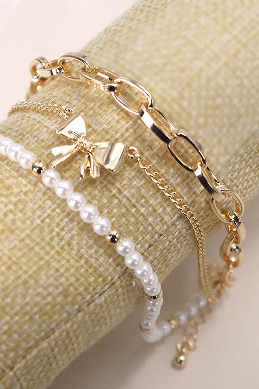 BOW PEARL LINK TRIO SET BRACELETS | 80B146 - Ember Boutique