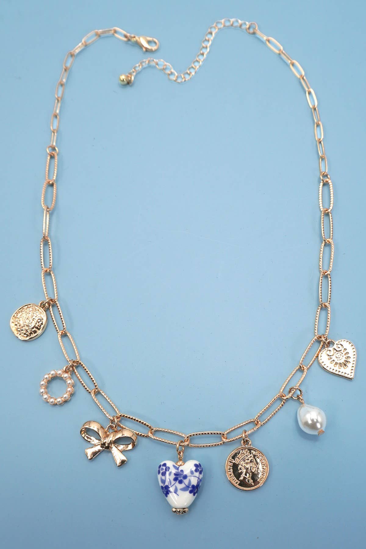 CERAMIC PORCELAIN BOW HEART CHARM LINK NECKLACE | 80N91547 - Ember Boutique