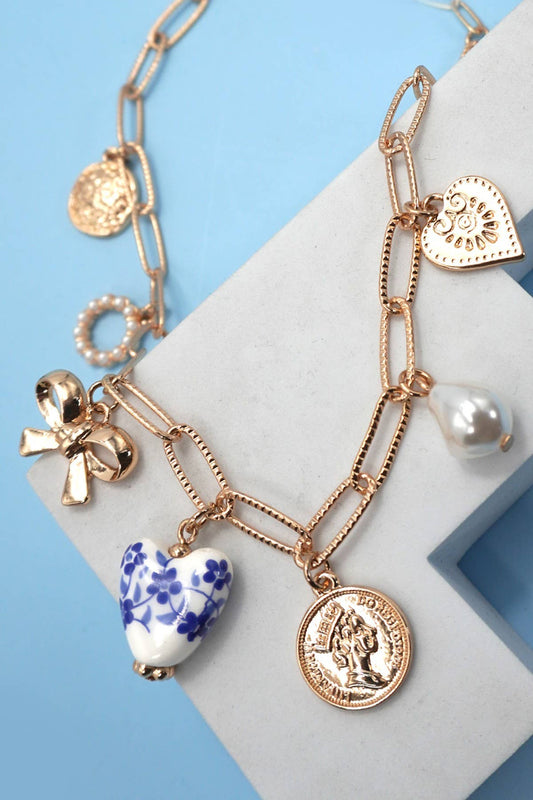 CERAMIC PORCELAIN BOW HEART CHARM LINK NECKLACE | 80N91547 - Ember Boutique