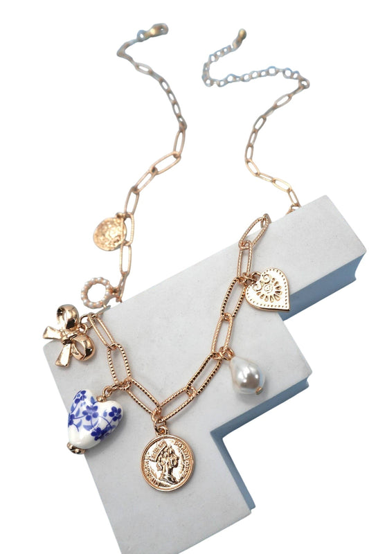 CERAMIC PORCELAIN BOW HEART CHARM LINK NECKLACE | 80N91547 - Ember Boutique