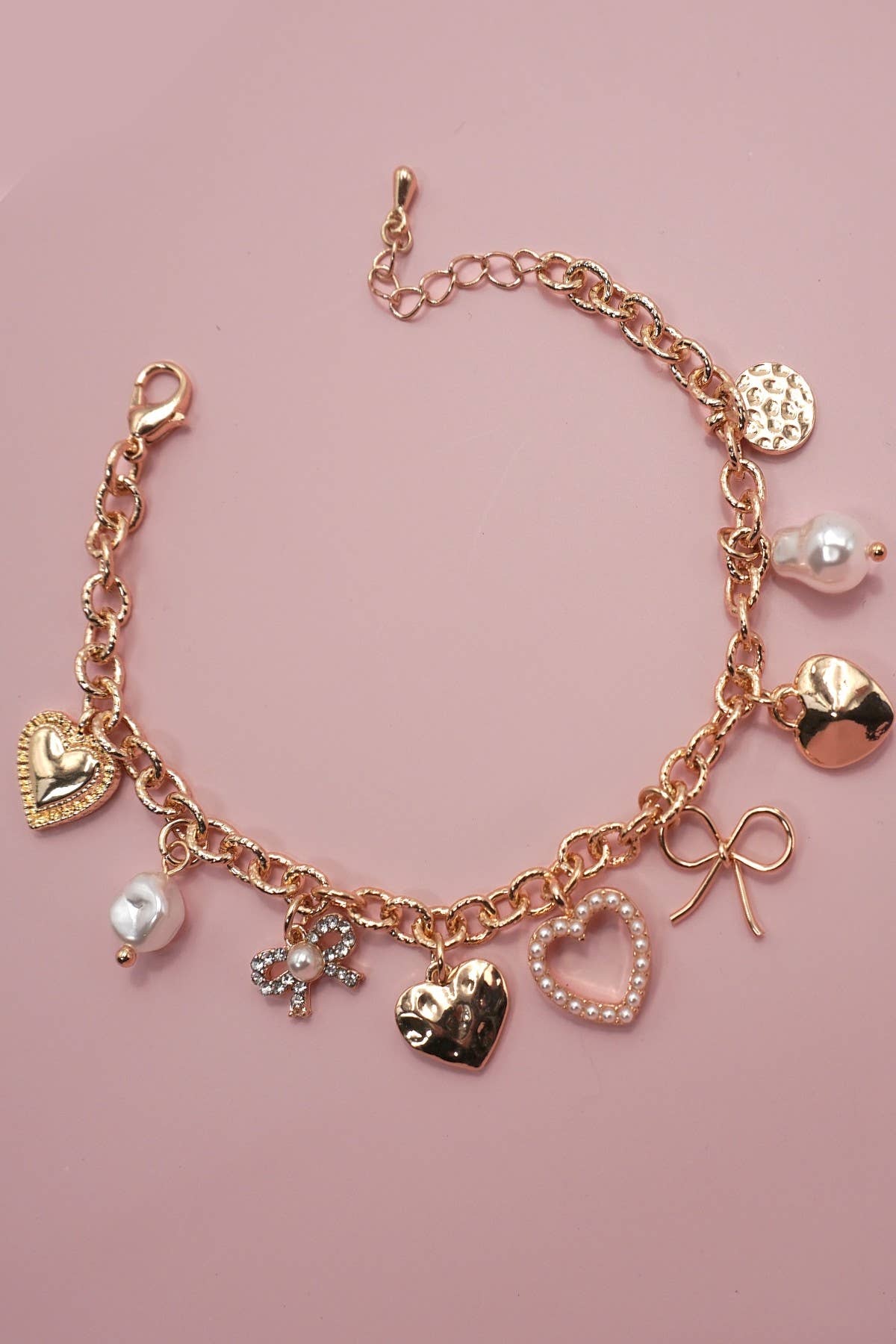 CHARM BRACELET-BOW HEART PEARL DISC CHARMS | 80B1290 - Ember Boutique