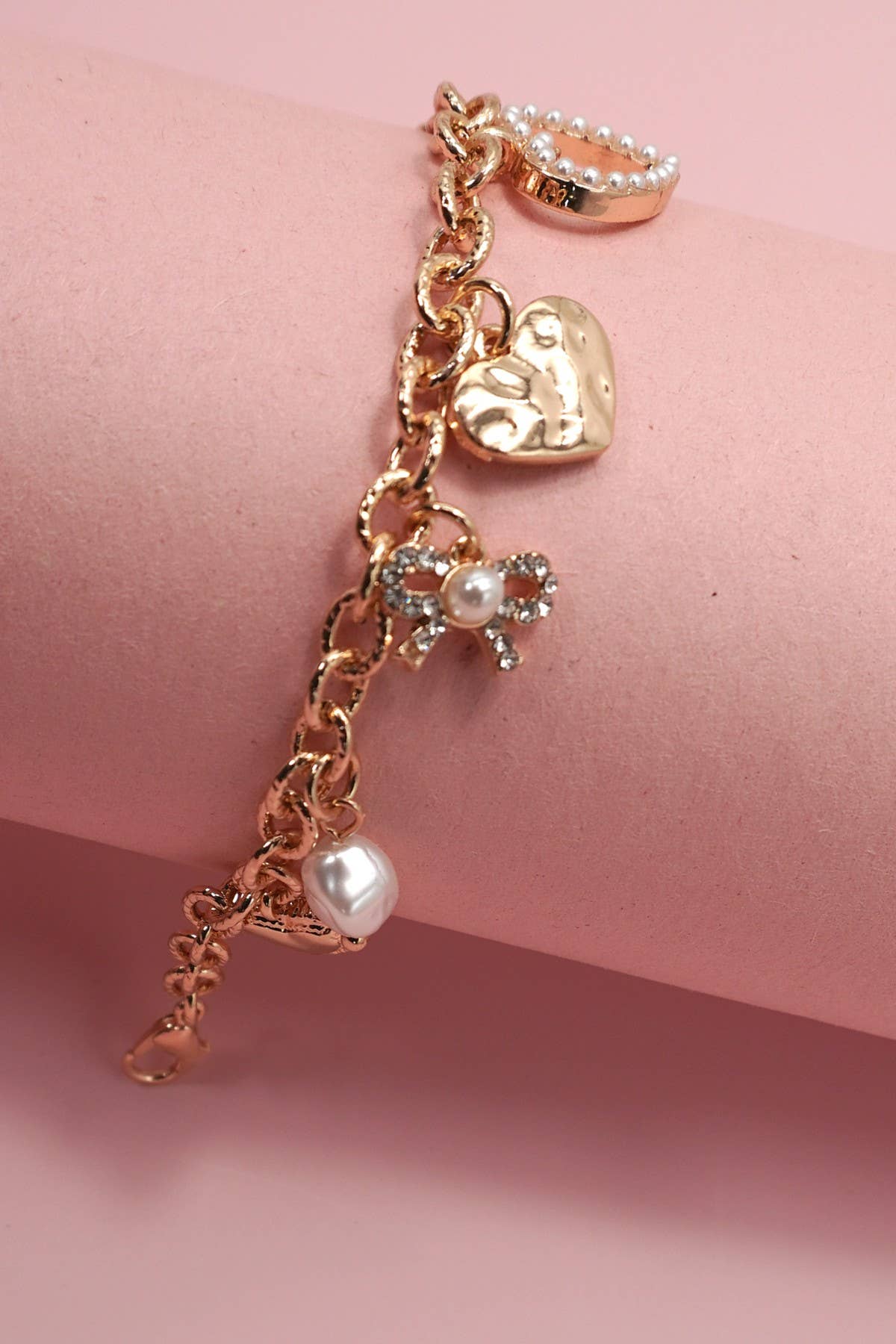 CHARM BRACELET-BOW HEART PEARL DISC CHARMS | 80B1290 - Ember Boutique