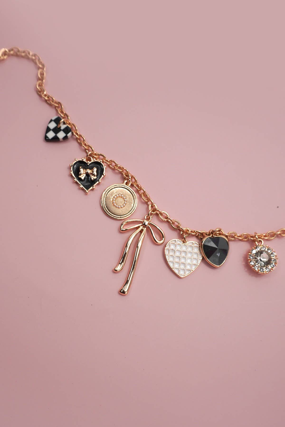 CHARM NECKLACE-BOW CHECKER HEART RHINESTONE | 80N91422 - Ember Boutique
