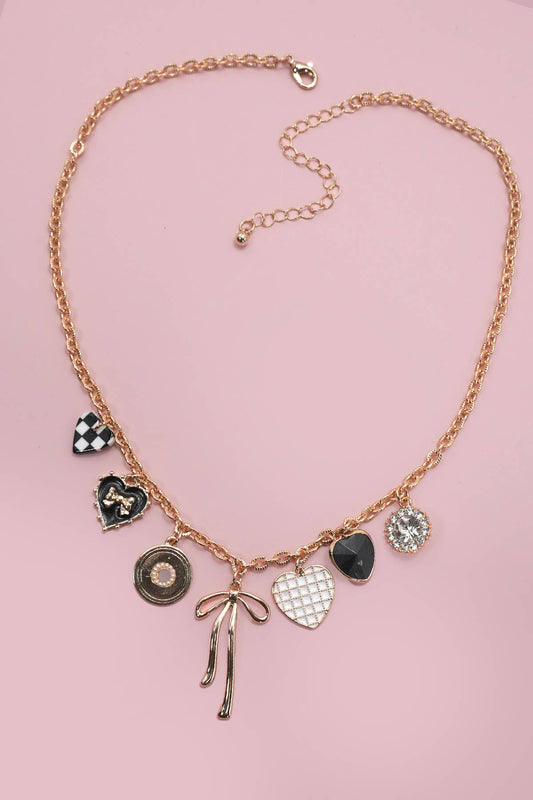 CHARM NECKLACE-BOW CHECKER HEART RHINESTONE | 80N91422 - Ember Boutique