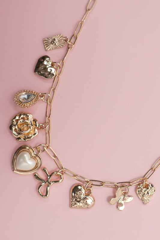CHARM NECKLACE-BOW HEART RHINESTONE FLOWER | 80N91405 - Ember Boutique