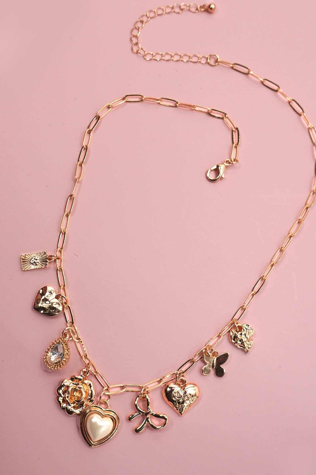 CHARM NECKLACE-BOW HEART RHINESTONE FLOWER | 80N91405 - Ember Boutique