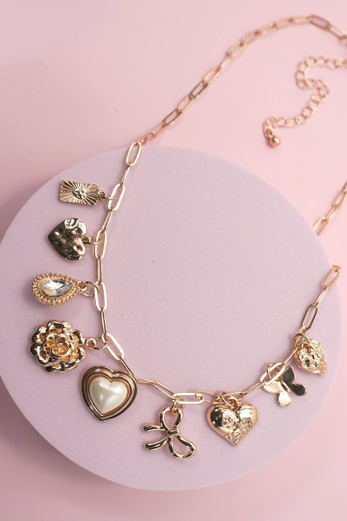 CHARM NECKLACE-BOW HEART RHINESTONE FLOWER | 80N91405 - Ember Boutique