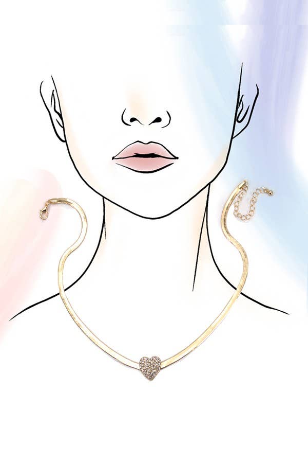 HERRING-BONE NECKLACE WITH RHINESTONE HEART CHARM | 80N267 - Ember Boutique