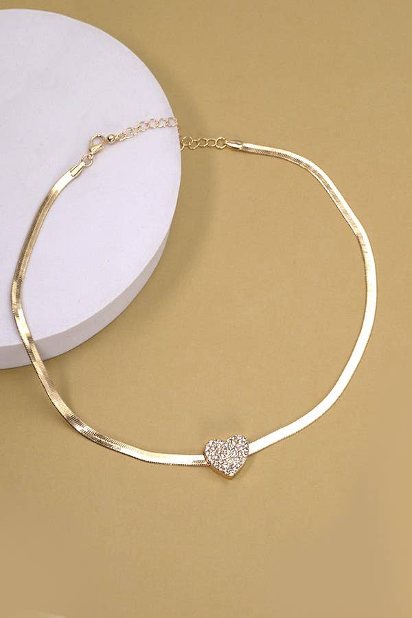 HERRING-BONE NECKLACE WITH RHINESTONE HEART CHARM | 80N267 - Ember Boutique