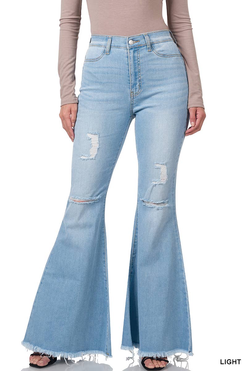 High Rise Distressed Super Flare Raw Hem Denim Pants - Zenan - Ember Boutique