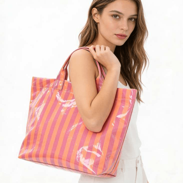 Large Striped Vinyl Tote Bags | 40P595 - Ember Boutique