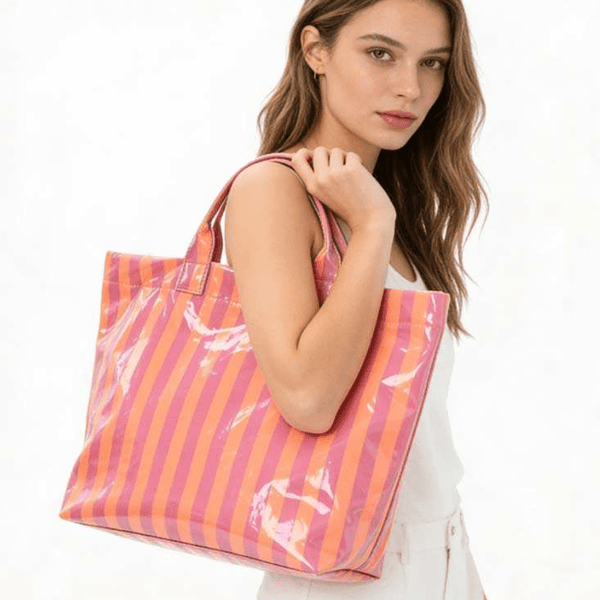 Large Striped Vinyl Tote Bags | 40P595 - Ember Boutique
