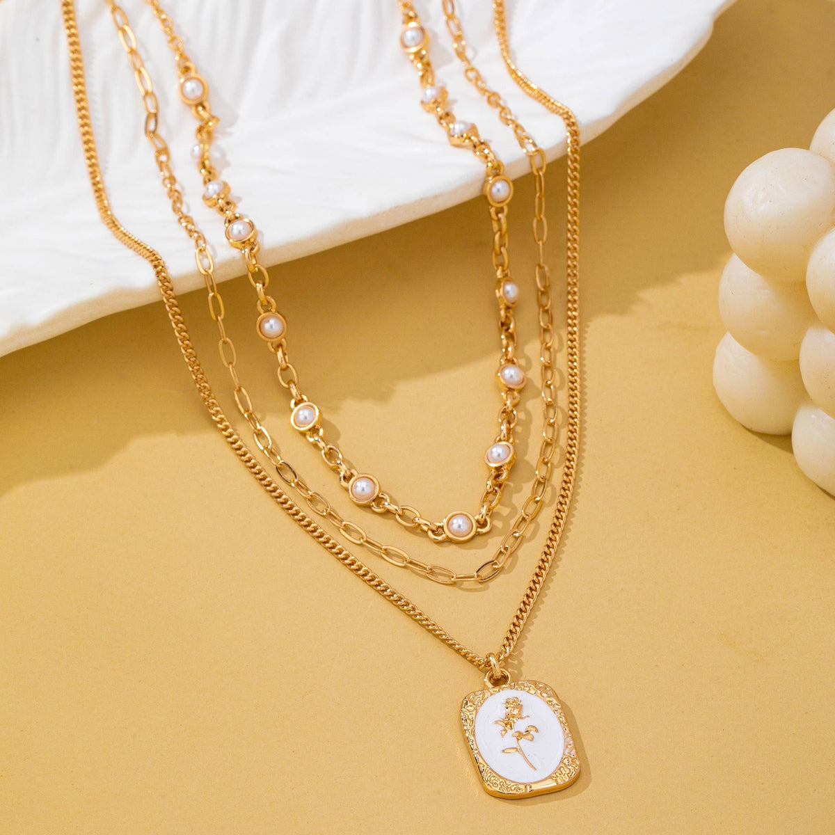 Layered Enamel Pearl & Rose Tag Pendant Necklace | 80N93573 - Ember Boutique