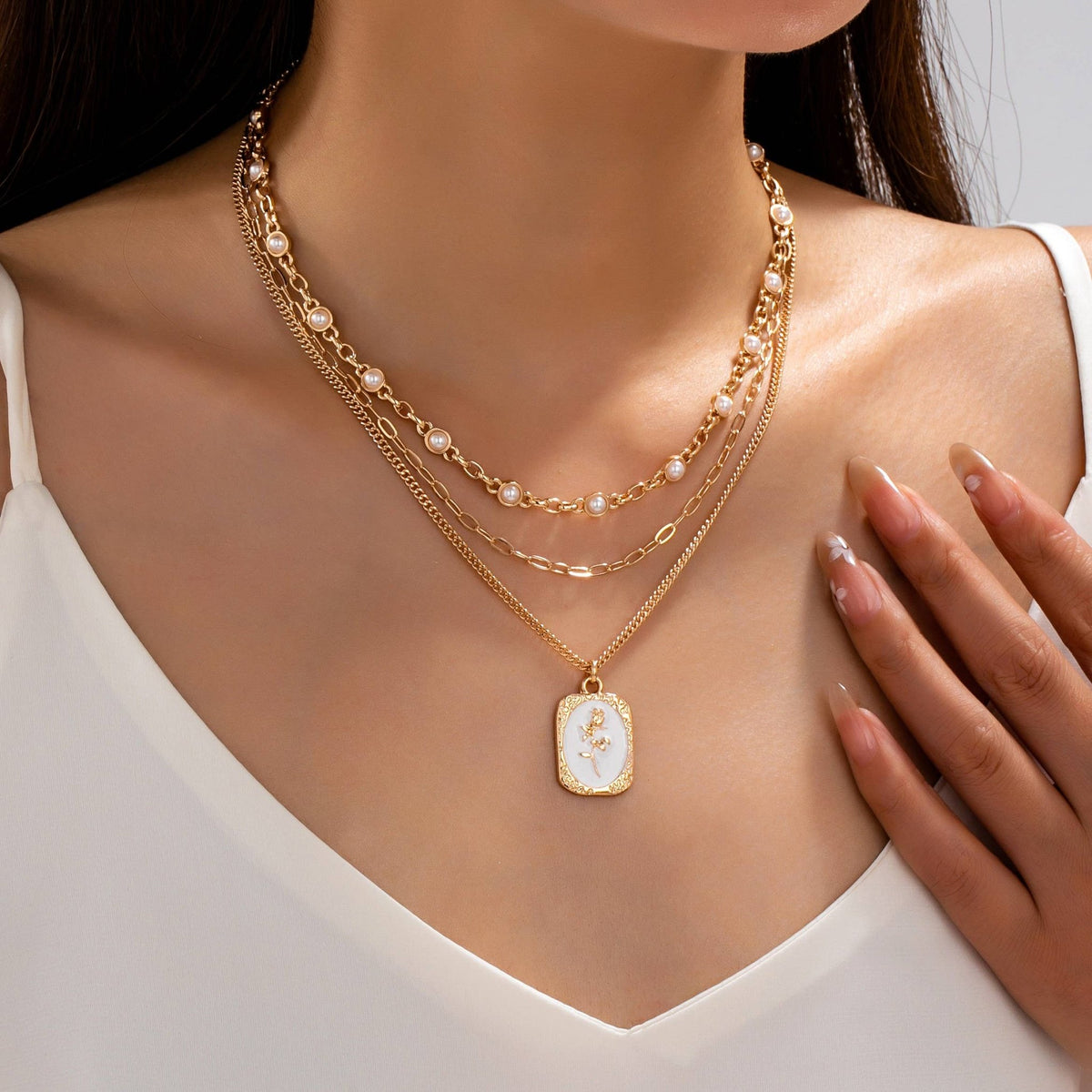 Layered Enamel Pearl & Rose Tag Pendant Necklace | 80N93573 - Ember Boutique