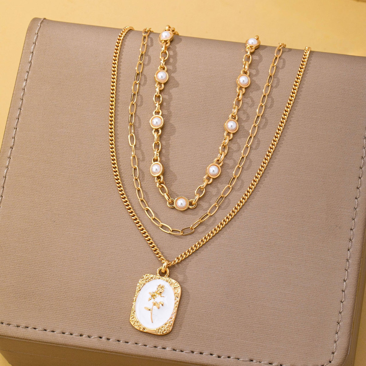 Layered Enamel Pearl & Rose Tag Pendant Necklace | 80N93573 - Ember Boutique