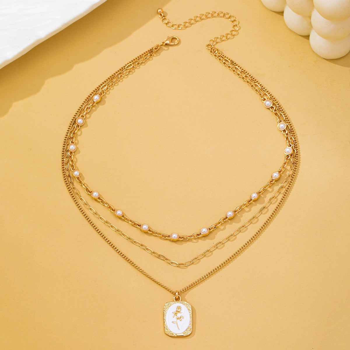 Layered Enamel Pearl & Rose Tag Pendant Necklace | 80N93573 - Ember Boutique