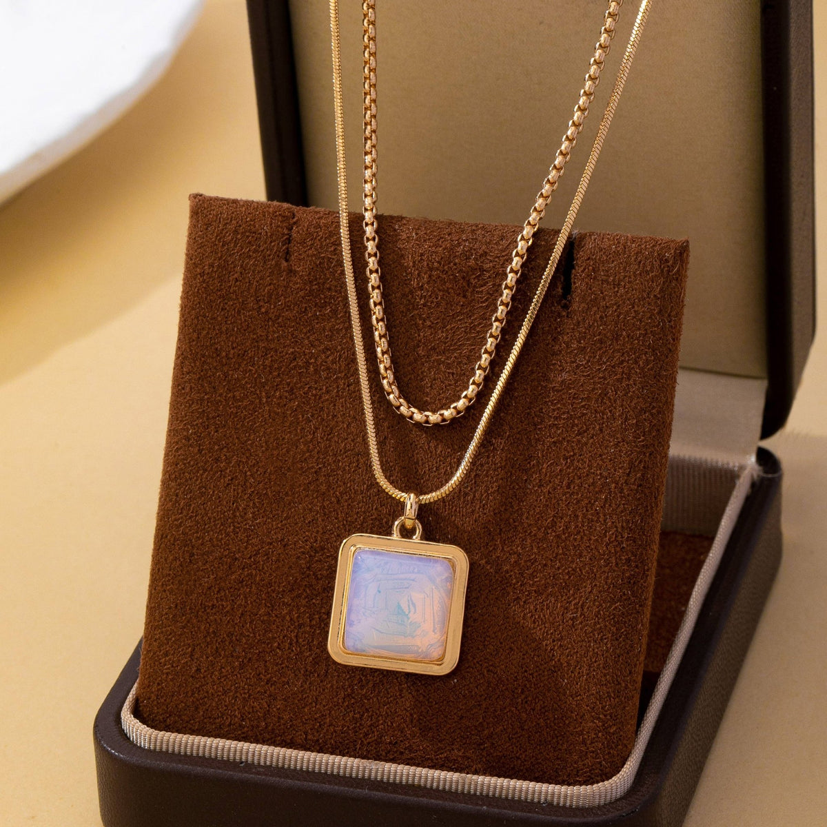 Layered Square Opal Pendant Necklace | 80N93582 - Ember Boutique