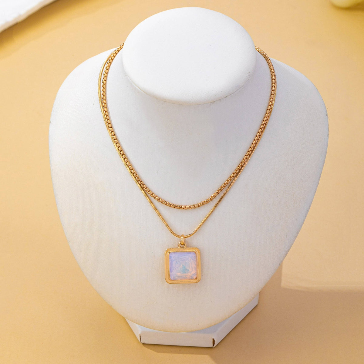 Layered Square Opal Pendant Necklace | 80N93582 - Ember Boutique