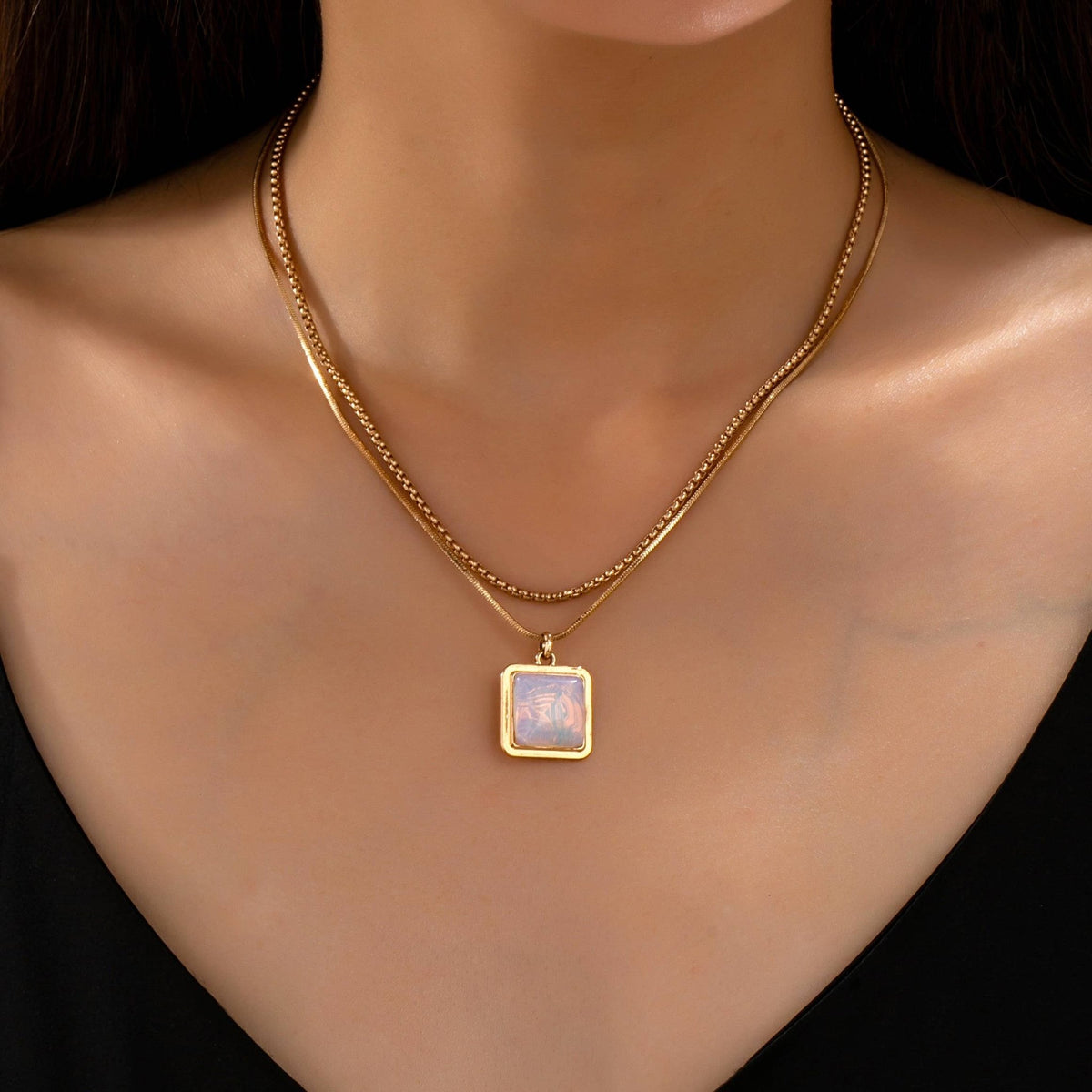 Layered Square Opal Pendant Necklace | 80N93582 - Ember Boutique