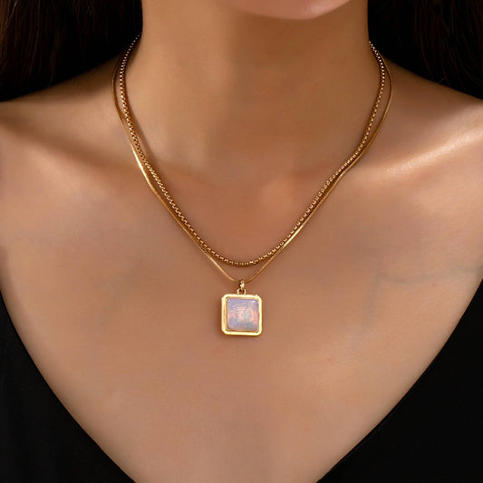 Layered Square Opal Pendant Necklace | 80N93582 - Ember Boutique