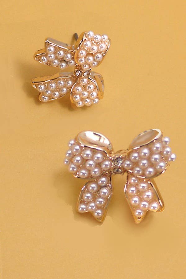 MINI PEARL BOW RIBBON GOLD EARRINGS | 80E5342 - Ember Boutique