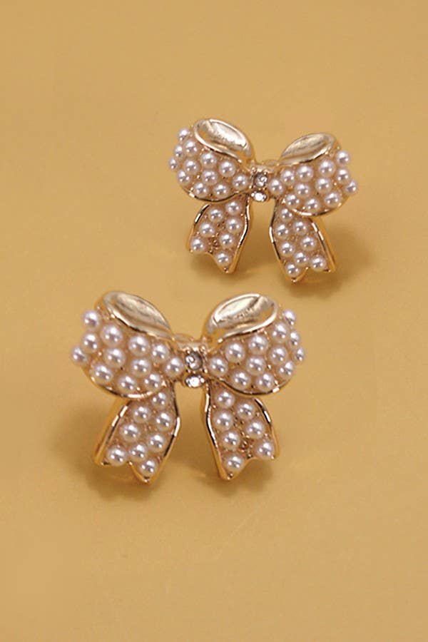 MINI PEARL BOW RIBBON GOLD EARRINGS | 80E5342 - Ember Boutique