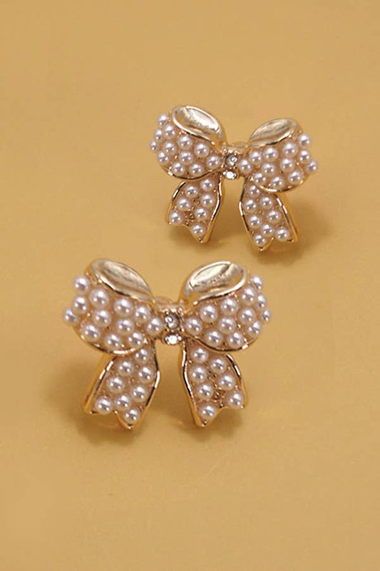 MINI PEARL BOW RIBBON GOLD EARRINGS | 80E5342 - Ember Boutique