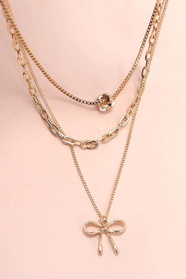 MULTI LAYER PEARL BOW CAHRM NECKLACE | 80N605 - Ember Boutique
