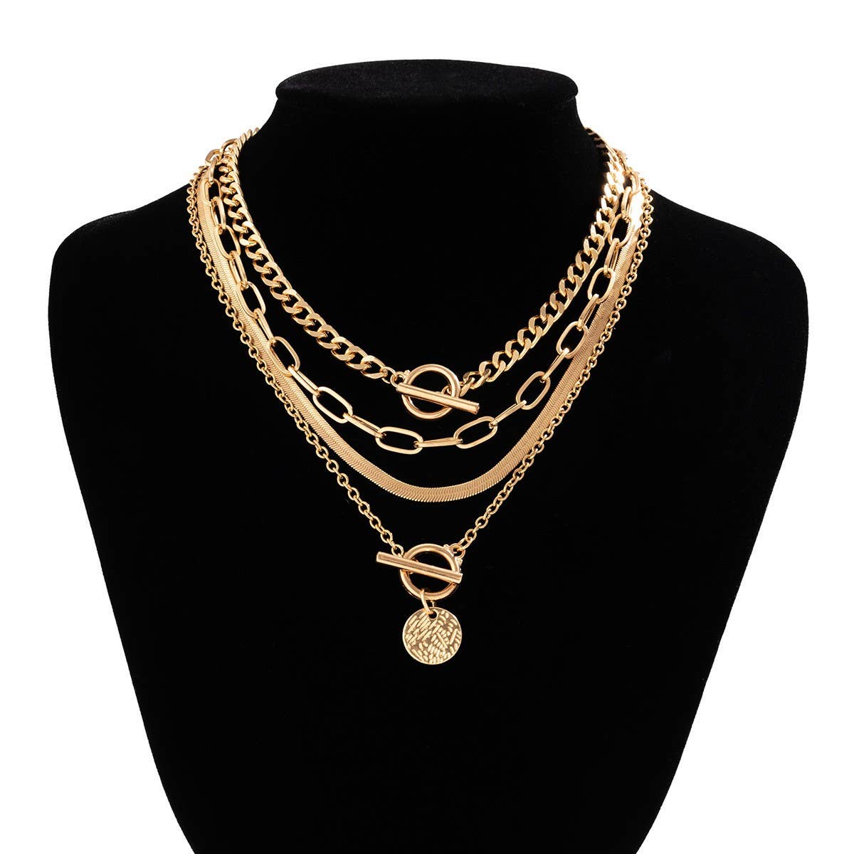 MULTI LAYER TOGGLE HERRINGBONE COIN NECKLACE | 40NK9651 - Ember Boutique