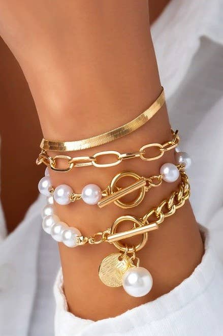 MULTILAYER PEARL CHAIN HERRINGBONE MIX BRACELET | 40B5151 - Ember Boutique