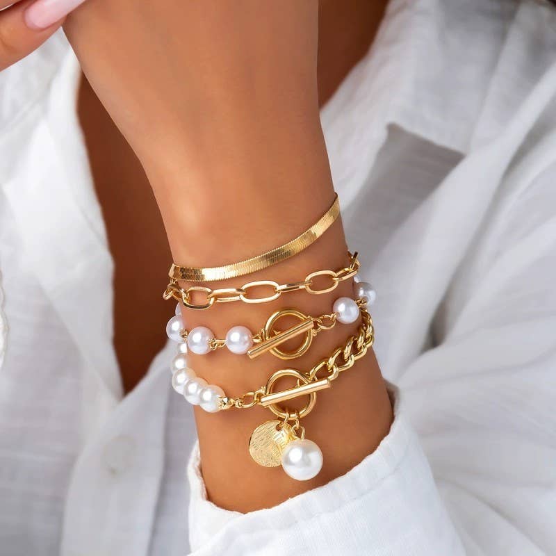 MULTILAYER PEARL CHAIN HERRINGBONE MIX BRACELET | 40B5151 - Ember Boutique