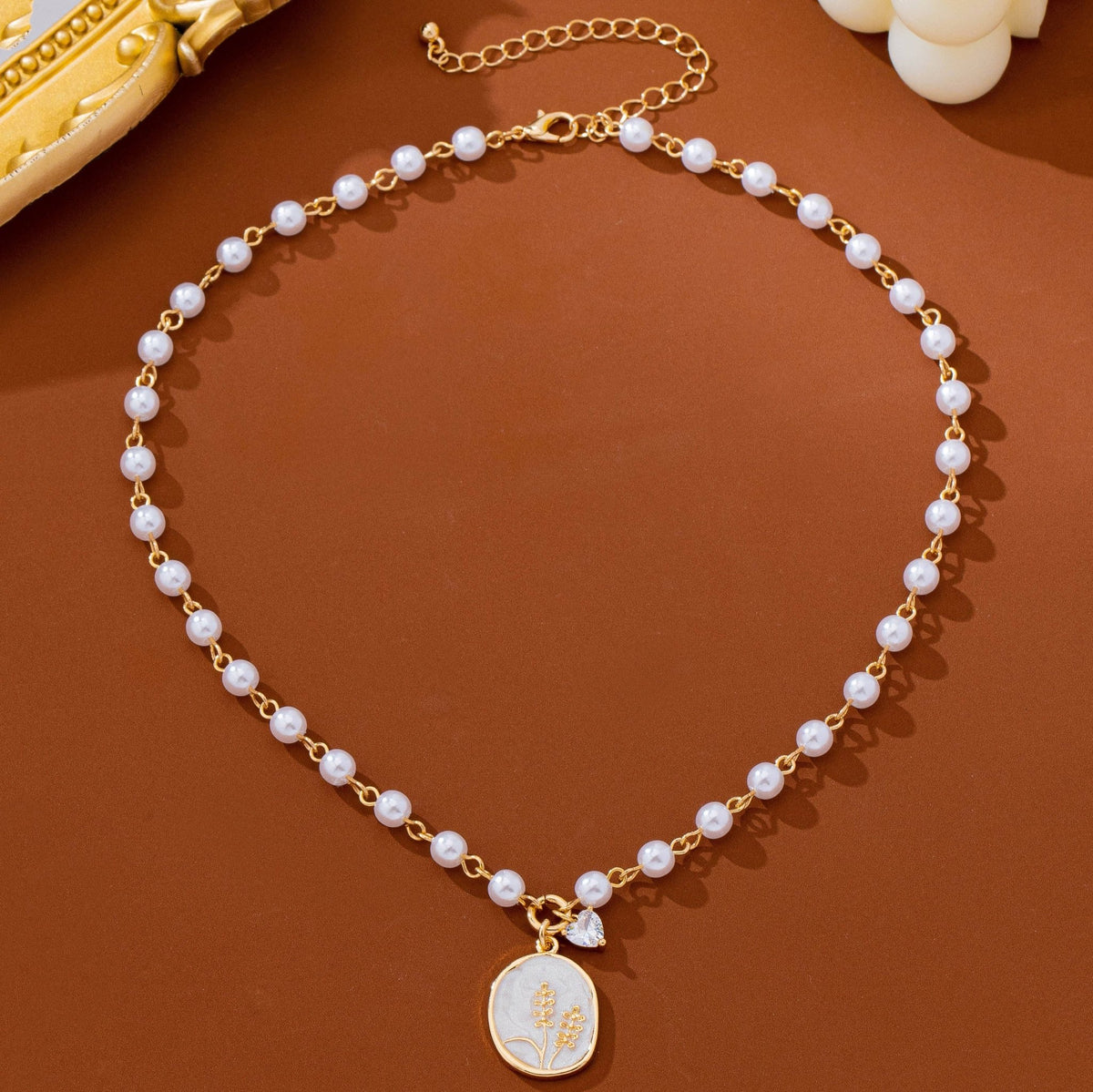 Pearl Chain Floral Oval Enamel Pendant Necklace | 80N93786 - Ember Boutique