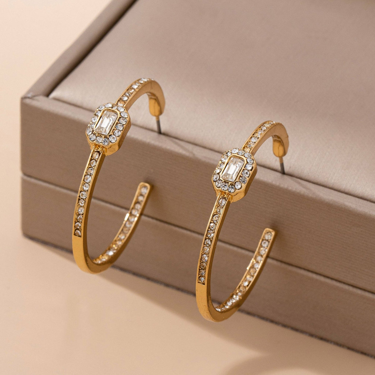 Solitaire Square Crystal Gold Hoop Earrings | 80E61752 - Ember Boutique