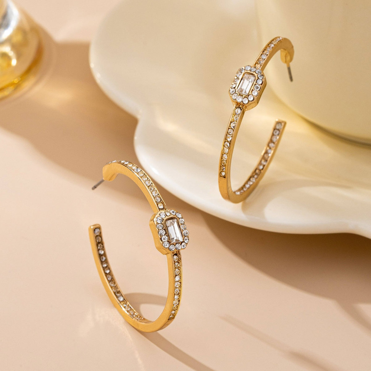 Solitaire Square Crystal Gold Hoop Earrings | 80E61752 - Ember Boutique