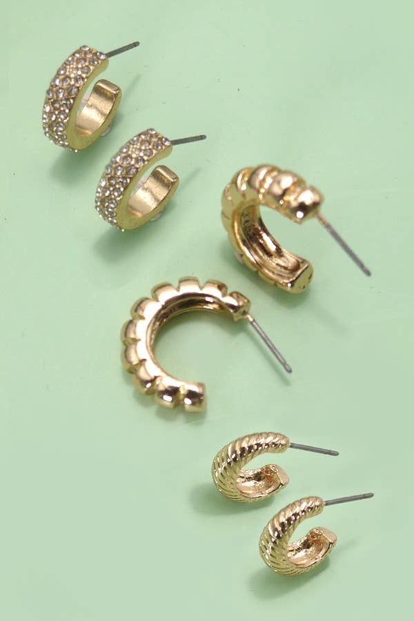 TRIO RHINESTONE TEXTURED HUGGIE HOOP EARRINGS | 80E5014 - Ember Boutique