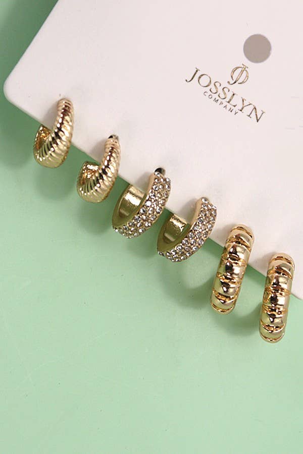 TRIO RHINESTONE TEXTURED HUGGIE HOOP EARRINGS | 80E5014 - Ember Boutique