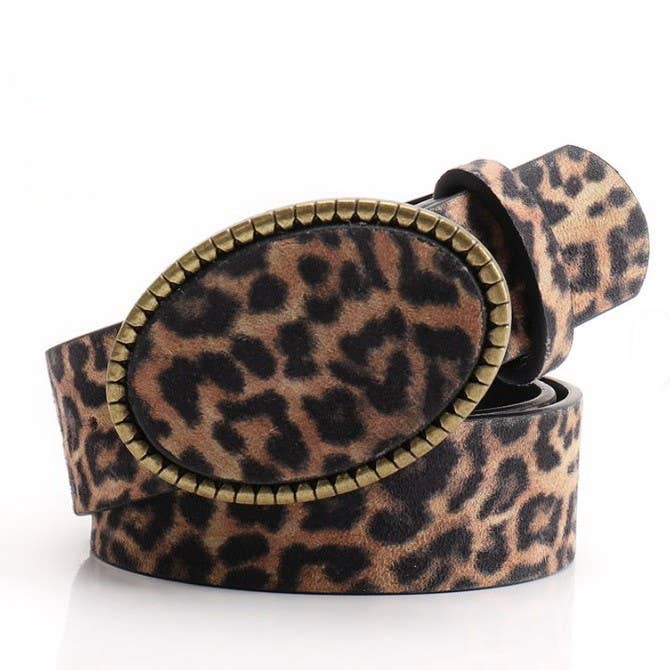 Western Oval Buckle Faux Leather & Leopard Belt | 40BT660 - Ember Boutique