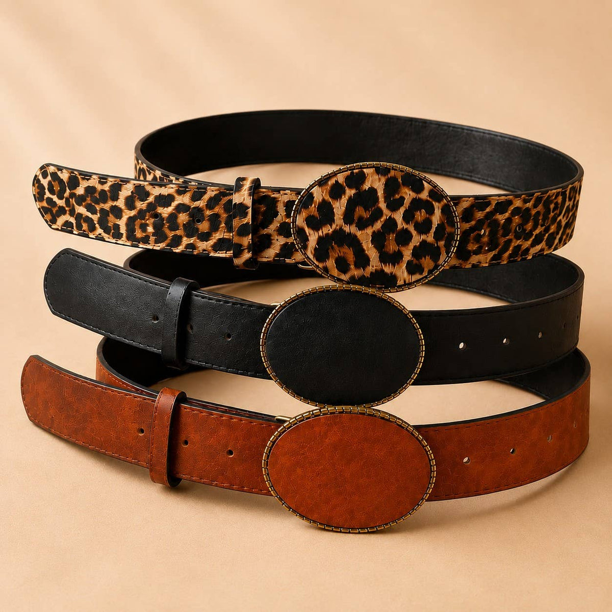 Western Oval Buckle Faux Leather & Leopard Belt | 40BT660 - Ember Boutique