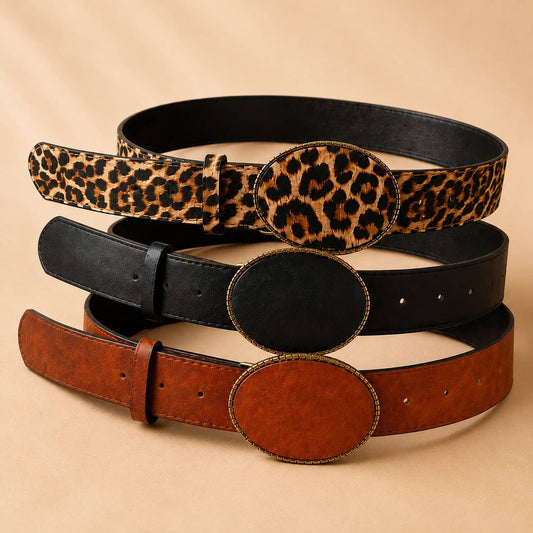 Western Oval Buckle Faux Leather & Leopard Belt | 40BT660 - Ember Boutique