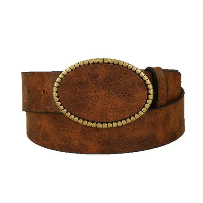 Western Oval Buckle Faux Leather & Leopard Belt | 40BT660 - Ember Boutique