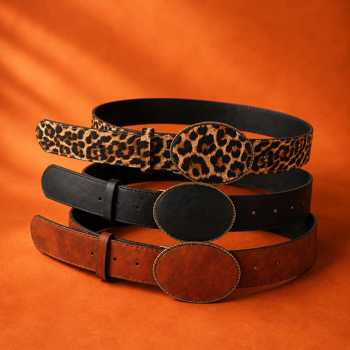 Western Oval Buckle Faux Leather & Leopard Belt | 40BT660 - Ember Boutique