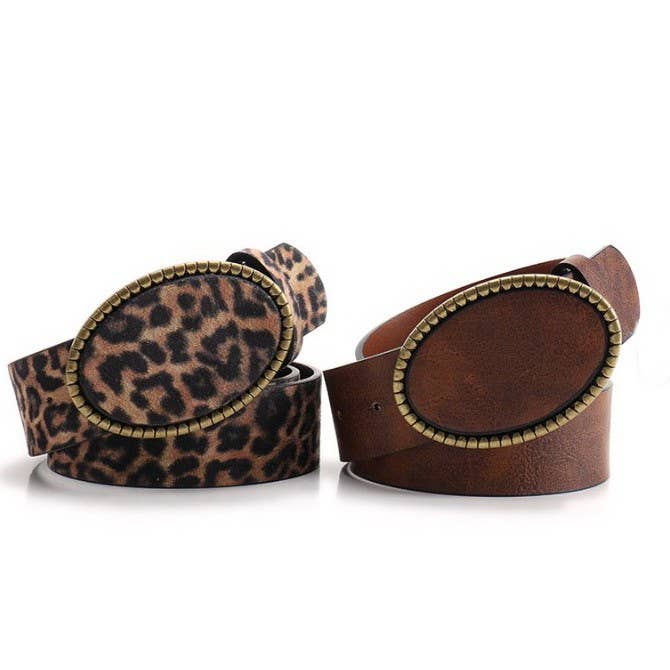 Western Oval Buckle Faux Leather & Leopard Belt | 40BT660 - Ember Boutique