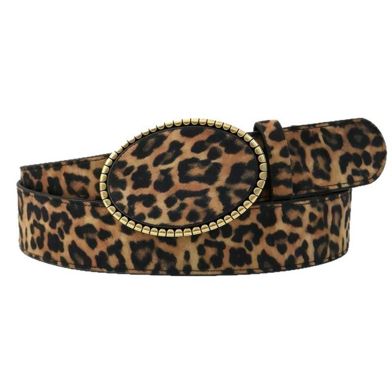 Western Oval Buckle Faux Leather & Leopard Belt | 40BT660 - Ember Boutique