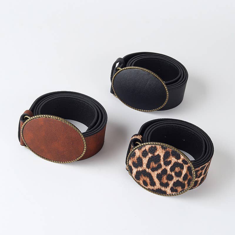 Western Oval Buckle Faux Leather & Leopard Belt | 40BT660 - Ember Boutique