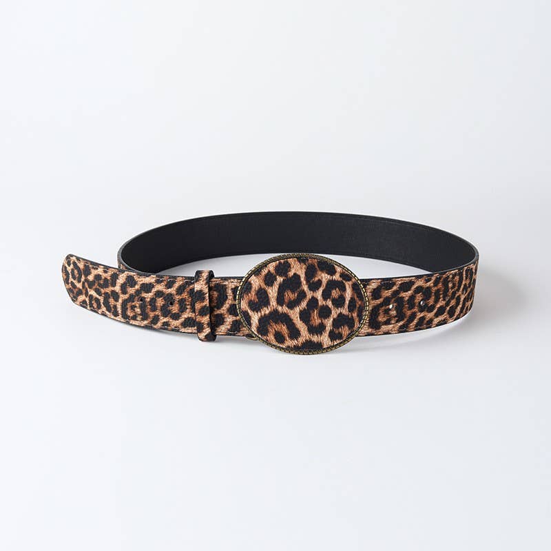 Western Oval Buckle Faux Leather & Leopard Belt | 40BT660 - Ember Boutique
