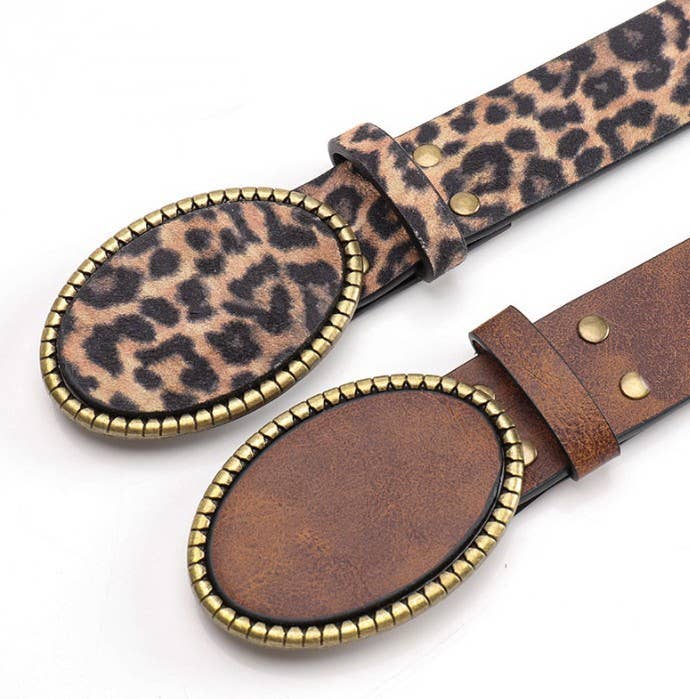 Western Oval Buckle Faux Leather & Leopard Belt | 40BT660 - Ember Boutique